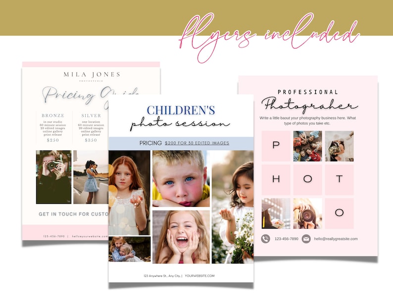 K&ouml;nnte beinhalten: Drei Flyer f&uuml;r einen professionellen Fotografen. Der erste Flyer ist rosa und wei&szlig; mit dem Text "MILA JONES PHOTOGRAPHY" und "Preisliste". Der zweite Flyer ist blau und wei&szlig; mit dem Text "KINDERS FOTOSESSION" und "PREIS 200 &euro; F&Uuml;R 30 BEARBEITETE BILDER". Der dritte Flyer ist rosa und wei&szlig; mit dem Text "PROFESSIONELLER FOTOGRAF" und "Schreiben Sie hier einen kurzen Text &uuml;ber Ihr Fotogesch&auml;ft. Welche Art von Fotos machen Sie usw.".