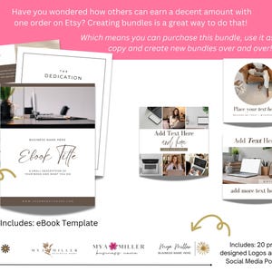 May include: A digital product bundle for Etsy sellers, featuring an ebook template, 20 pre-designed logos, and 30 social media posts. The bundle includes a mockup of an ebook cover with the text "Ebook Title" and a small description of your work and what you do.