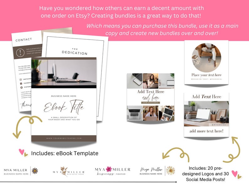 May include: A digital product bundle for Etsy sellers, featuring an ebook template, 20 pre-designed logos, and 30 social media posts. The bundle includes a mockup of an ebook cover with the text "Ebook Title" and a small description of your work and what you do.