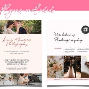 K&ouml;nnte beinhalten: Zwei Hochzeitsfotografie-Flyer in einem rosa-wei&szlig;en Farbschema. Der erste Flyer zeigt ein Paar, das sich in einem Garten umarmt, mit dem Text "Loving Memories Photography" und "Professioneller Hochzeitsfotograf in IHRER LAGE". Der zweite Flyer zeigt ein Hochzeitspaar, einen Blumenstrau&szlig; und eine Nahaufnahme von Eheringen mit dem Text "Wedding Photography" und "UNSERE DIENSTLEISTUNGEN".