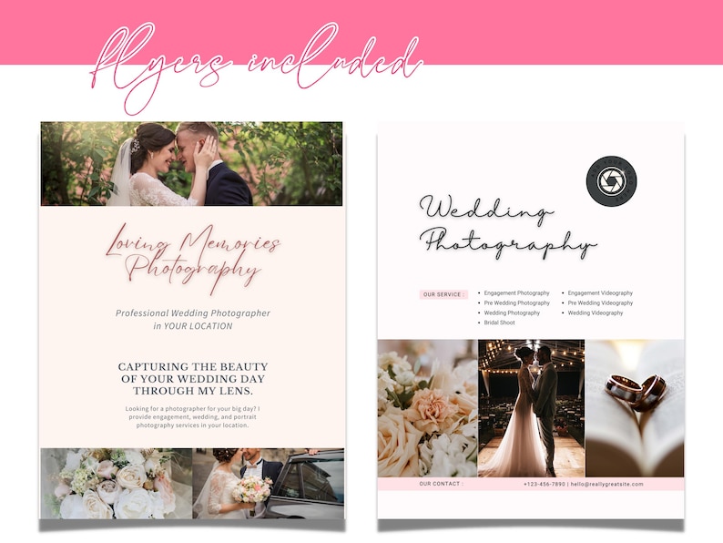 K&ouml;nnte beinhalten: Zwei Hochzeitsfotografie-Flyer in einem rosa-wei&szlig;en Farbschema. Der erste Flyer zeigt ein Paar, das sich in einem Garten umarmt, mit dem Text "Loving Memories Photography" und "Professioneller Hochzeitsfotograf in IHRER LAGE". Der zweite Flyer zeigt ein Hochzeitspaar, einen Blumenstrau&szlig; und eine Nahaufnahme von Eheringen mit dem Text "Wedding Photography" und "UNSERE DIENSTLEISTUNGEN".