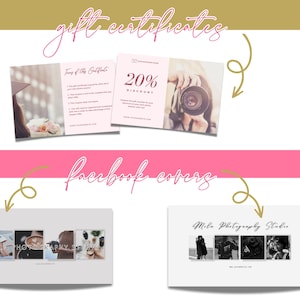K&ouml;nnte beinhalten: Zwei Geschenkgutschein-Designs f&uuml;r ein Fotostudio. Das erste Design zeigt einen rosa Hintergrund mit dem Text "Bedingungen dieses Geschenkgutscheins" und ein Angebot mit 20 % Rabatt. Das zweite Design zeigt ein Foto einer Person, die eine Kamera h&auml;lt. Der Text "20 % Rabatt" wird auf dem Design angezeigt. Zwei Facebook-Cover-Designs f&uuml;r ein Fotostudio. Das erste Design zeigt eine Collage aus vier Fotos. Das zweite Design zeigt den Text "Mila Photography Studio" und eine Collage aus vier Fotos.