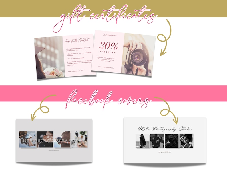 K&ouml;nnte beinhalten: Zwei Geschenkgutschein-Designs f&uuml;r ein Fotostudio. Das erste Design zeigt einen rosa Hintergrund mit dem Text "Bedingungen dieses Geschenkgutscheins" und ein Angebot mit 20 % Rabatt. Das zweite Design zeigt ein Foto einer Person, die eine Kamera h&auml;lt. Der Text "20 % Rabatt" wird auf dem Design angezeigt. Zwei Facebook-Cover-Designs f&uuml;r ein Fotostudio. Das erste Design zeigt eine Collage aus vier Fotos. Das zweite Design zeigt den Text "Mila Photography Studio" und eine Collage aus vier Fotos.