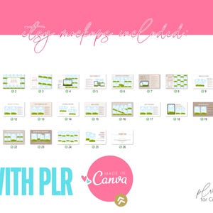 May include: An image showcasing 26 Etsy mockup templates for digital product displays. The image includes the text "etsy mockups included" and "WITH PLR MADE IN Canva". The design incorporates a palette of pink, green, and beige, suitable for online shop presentations.