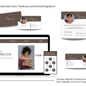 May include: A mockup of a website template, business card, and thank you card. The website template features a brown header with the text "BIO", "PORTFOLIO", "PODCAST", and "BLOG". The website template also features a photo of a woman with brown hair and a brown shirt. The business card and thank you card feature a brown background with the text "Mya MILLER" and a photo of the same woman. The thank you card also includes the text "Add some text here about your biz" and "Thank you! For your business".