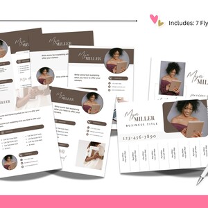 May include: Seven brown and white flyers with a woman's headshot and the text "Mya MILLER" on each. The flyers include a business title, phone number, and services offered. The text "Includes: 7 Flyers total!" is at the top of the image.