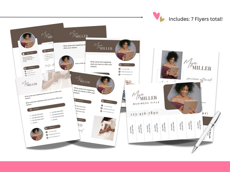 May include: Seven brown and white flyers with a woman's headshot and the text "Mya MILLER" on each. The flyers include a business title, phone number, and services offered. The text "Includes: 7 Flyers total!" is at the top of the image.