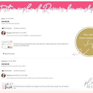 May include: A white background with pink accents features customer reviews. Text includes "Just a couple of Reviews for our shop!" and "You can view more reviews in our shop!" with a gold circle and arrow.