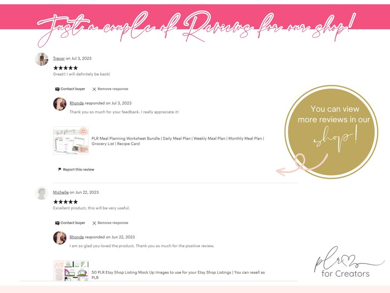 May include: A white background with pink accents features customer reviews. Text includes "Just a couple of Reviews for our shop!" and "You can view more reviews in our shop!" with a gold circle and arrow.