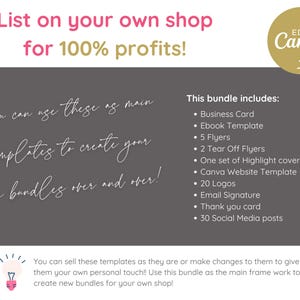 May include: A graphic with pink and gold text that reads "List on your own shop for 100% profits!" and "EDIT IN Canva". The graphic also includes a list of items included in a bundle, such as business cards, ebook templates, flyers, and social media posts. The graphic also includes a lightbulb icon and the text "You can sell these templates as they are or make changes to them to give them your own personal touch! Use this bundle as the main frame work to create new bundles for your own shop!"