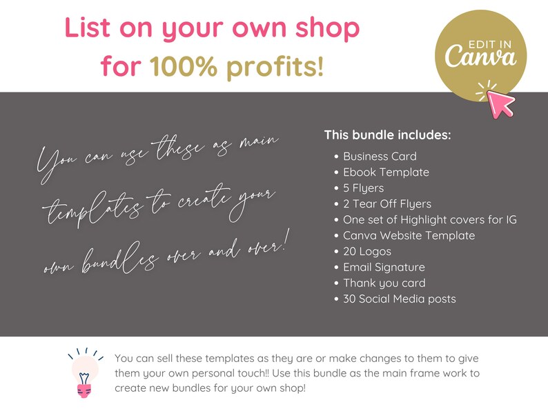 May include: A graphic with pink and gold text that reads "List on your own shop for 100% profits!" and "EDIT IN Canva". The graphic also includes a list of items included in a bundle, such as business cards, ebook templates, flyers, and social media posts. The graphic also includes a lightbulb icon and the text "You can sell these templates as they are or make changes to them to give them your own personal touch! Use this bundle as the main frame work to create new bundles for your own shop!"