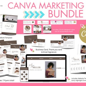 May include: A Canva marketing bundle with templates for social media posts, business cards, thank you cards, website templates, and more. The bundle includes 20 pre-designed logos and 30 social media posts. The templates are designed in a brown and white color scheme with a modern aesthetic.