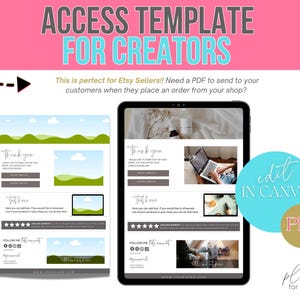 May include: Two digital templates for Etsy sellers, with a green and blue landscape design. The text on the template says "Thank you" and "Follow me". The text on the image says "Access Template for Creators" and "Edit in Canva".