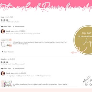 K&ouml;nnte beinhalten: Screenshot von Etsy-Shop-Bewertungen f&uuml;r ein digitales Produktpaket. Das Paket beinhaltet ein Meal-Planning-Arbeitsblatt, einen t&auml;glichen Essensplan, einen w&ouml;chentlichen Essensplan, einen monatlichen Essensplan, eine Einkaufsliste und eine Rezeptkarte. Die Bewertungen sind positiv und heben die N&uuml;tzlichkeit des Produkts hervor.