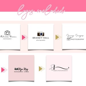K&ouml;nnte beinhalten: Ein digitales Grafikdesign-Mockup mit f&uuml;nf verschiedenen Designs f&uuml;r Foto-Logos. Die Logos werden auf wei&szlig;en und rosa Quadraten mit nach rechts zeigenden Pfeilen angezeigt. Die Logos enthalten ein Kamerasymbol und Text. Die Logos sind f&uuml;r Melissa Green Photography, Brandy Hall Photography, Loving Images Photography, Mya May Photography Studio und Jenn's Photography.