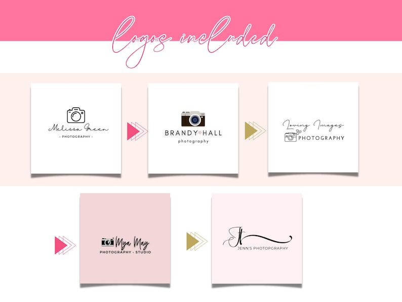 K&ouml;nnte beinhalten: Ein digitales Grafikdesign-Mockup mit f&uuml;nf verschiedenen Designs f&uuml;r Foto-Logos. Die Logos werden auf wei&szlig;en und rosa Quadraten mit nach rechts zeigenden Pfeilen angezeigt. Die Logos enthalten ein Kamerasymbol und Text. Die Logos sind f&uuml;r Melissa Green Photography, Brandy Hall Photography, Loving Images Photography, Mya May Photography Studio und Jenn's Photography.