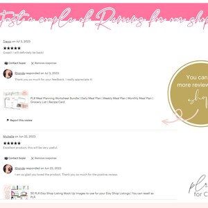 May include: A screenshot of a website showing positive customer reviews for a product called "PLR Meal Planning Worksheet Bundle". The product includes a daily, weekly, and monthly meal plan, a grocery list, and a recipe card. The website also includes a call to action to view more reviews in the shop.