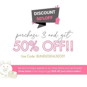 May include: An image with text advertising a 50% discount on the purchase of three items. The text reads "DISCOUNT 50% OFF" and "purchase 3 and get 50% OFF!!" with a pig illustration and the code BUNDLEDEAL50OFF.