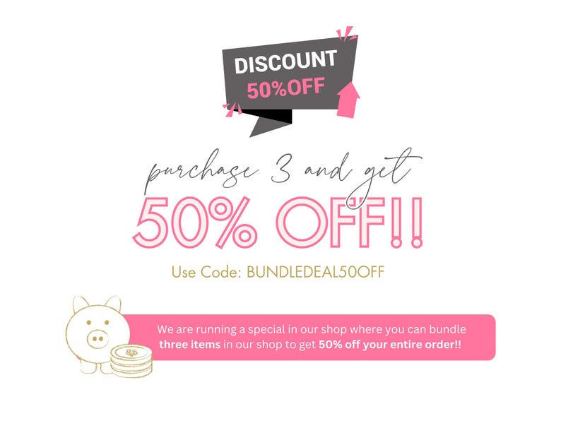 May include: An image with text advertising a 50% discount on the purchase of three items. The text reads "DISCOUNT 50% OFF" and "purchase 3 and get 50% OFF!!" with a pig illustration and the code BUNDLEDEAL50OFF.