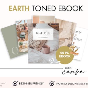以下が含まれることがあります： 「Earth Toned Ebook」のテキストが金色で表示された電子書籍の表紙デザイン。表紙には、「Book Title」というタイトルとピンク色のマグカップが表示された電子書籍のモックアップがあります。電子書籍は96ページで、Canvaで編集できます。