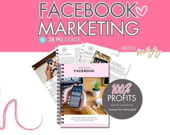 May include: A pink and gray guide with the title "Marketing on Facebook" and the text "100% Profits" in a circle. The guide is a spiral bound book with pages showing tips for Facebook marketing.
