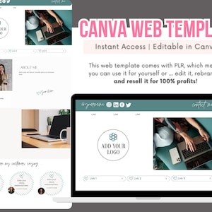 Könnte beinhalten: Eine Canva-Webvorlage zum Erstellen einer Website. Die Vorlage verfügt über ein grün-weißes Farbschema mit einem Logo-Platzhalter, Social-Media-Symbolen und einem Kontaktformular. Der Text "CANVA WEB TEMPLATE" wird oben im Bild in Pink angezeigt.