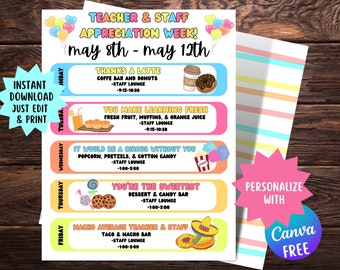 May include: A colorful printable Teacher & Staff Appreciation Week schedule. The design includes text and illustrations for each day's activities, such as coffee and donuts, fresh fruit, and a taco bar. The flyer is customizable with Canva.