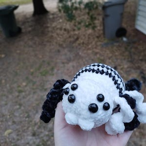 May include: A handmade, plush spider toy in white and black. The spider has a white body with a black and white checkered pattern on top. It has eight black eyes and black legs. The toy is held in a hand.