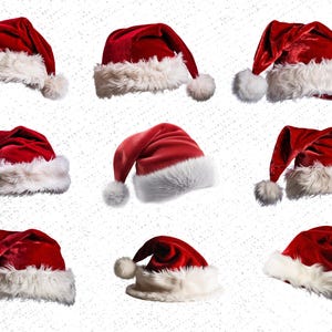 Könnte beinhalten: Eine Sammlung von neun roten Weihnachtsmützen mit weißem Kunstfellbesatz und einem weißen Bommel. Die Mützen sind auf weißem Hintergrund angeordnet und präsentieren das klassische Weihnachtsaccessoire.