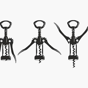 May include: Three black metal corkscrews in different positions. The corkscrews have a lever handle and a spiral.