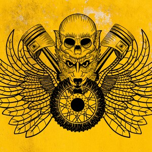 Puede incluir: Ilustración en blanco y negro de una calavera con alas y pistones sobre un fondo amarillo.