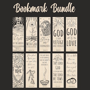 May include: A set of ten wooden bookmarks with inspirational quotes and illustrations. The bookmarks feature a variety of designs, including a lighthouse, a flower, a lion, mountains, a heart, a key, a bowl, and a ring. The quotes include "You are the light of the world", "With God all things are possible", "Be strong and courageous", "God is our refuge and strength", "God is love", "I have placed before you an open door", "The light shines in the darkness, and the darkness has not overcome it", "The Lord God is a sun and shield", "The Lord be your tower", and "You are better than we because they have a good return for their labor".