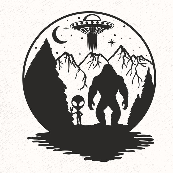 Bigfoot and alien Svg, Bigfoot Svg, Alien Svg, Yeti Svg, UFO Svg, Silhouette, Under the Moon Svg, Wild Monster Svg, Mountain Svg