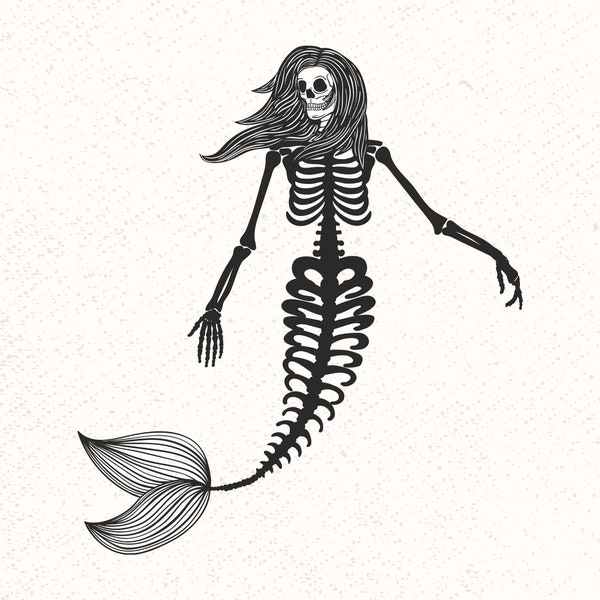 Mermaid Skeleton SVG, Skull Mermaid, Gothic Mermaid SVG, Mermaid skull hand drawing, Art skull mermaid, Sea Monster SVG, Sugar Skull Mermaid