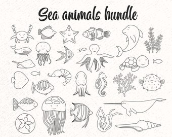Sea Animals Bundle Svg, Sea Animal Svg, Silhouette, line-work, Baby Turtle, Ocean Fish, Seahorse, Crab, Dolphin Wale, Doodle, Narwhale