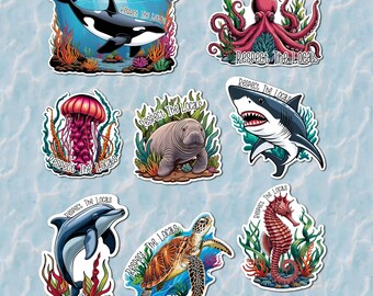 Sea Life Sticker Set, 8 Waterproof Ocean Animal Stickers for Laptop & Water Bottle, Florida Coastal Decals, Respect the Locals