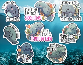 Manatee Stickers, Vinyl Sea Cow Decals, Waterproof Laptop Stickers (Set of 8 or Individual)