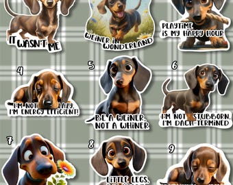 Dachshund Stickers Set of 9, Funny Waterproof Vinyl Dog Decals for Laptop & Water Bottle, Doxie Lover Gift