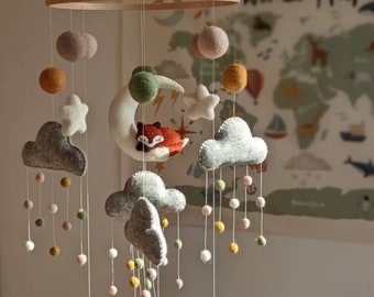 The Fox and the Moon Baby Mobile, Nursery Decoration, Kids Room, Woodland, Felt Ball, Colourful Baby Mobile, Baby Shower Gift, Girl or Boy