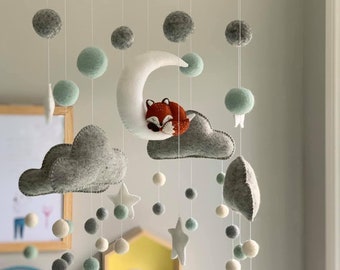 The Fox and the Moon Baby Mobile, Nursery Decoration, Kids Room, Woodland, Felt Ball, Colourful Baby Mobile, Baby Shower Gift, Girl or Boy