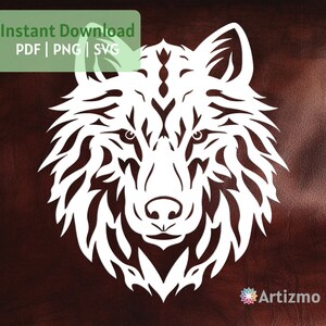May include: White silhouette of a wolf's head with intricate details, against a brown leather background. The wolf's eyes are large and expressive, and its fur is stylized with a flowing design. The image is titled "Instant Download PDF | PNG | SVG" at the top.
