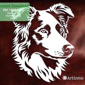 Pode incluir: Silhueta branca da cabeça de um cão Border Collie sobre um fundo de couro marrom. A cabeça do cão está virada para a direita. A imagem é para download digital e inclui os formatos de arquivo PDF, PNG e SVG.