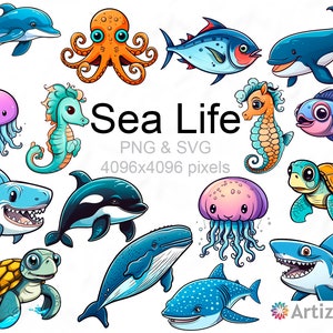 Meeresleben Tier PNG & SVG Bundle | 16 Cartoon-Cliparts mit transparentem Hintergrund | Sofortiger Download