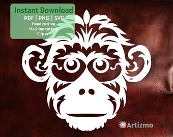 Monkey Template | Kids Paper Cut | SVG for Machine Cut with Cricut and Silhouette | PDF and PNG for Hand cutting