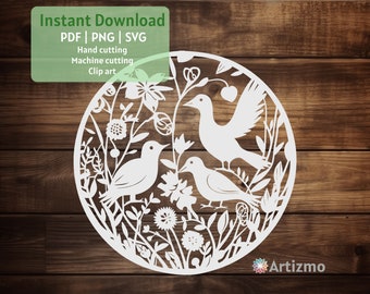 Flowers and Birds Template | SVG for Machine Cut | PDF and PNG for Hand cutting