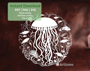 Könnte beinhalten: Weiße Silhouette einer Qualle mit Tentakeln und kleinen Fischen, die sie umgeben, auf braunem Hintergrund. Der Text "Instant Download PDF | PNG | SVG Hand cutting Machine cutting Clip art" befindet sich über dem Bild.
