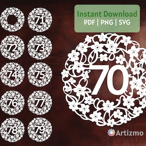 Pacote de guirlanda floral de aniversário de 70-79 | PDF e PNG para corte manual | SVG para corte à máquina | Download instantâneo
