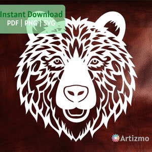 May include: White silhouette of a bear's head with intricate details, resembling a stylized pattern of leaves. The bear's face is visible, with a wide open mouth and a friendly expression.