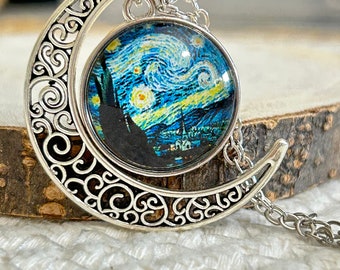 Collier avec pendentif Vincent Van Gogh Nuit étoilée et croissant de lune, bijoux personnalisés