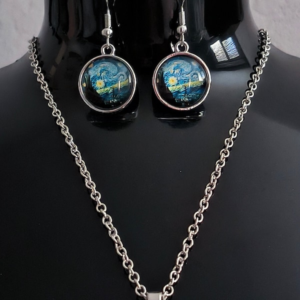 Parure Van Gogh "la nuit étoilée" : collier et boucles d'oreilles